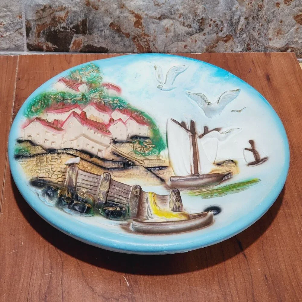 Vintage Chalkware Plaster Plaques 3D Wall Hanging Plate Seaside Seagulls Houses